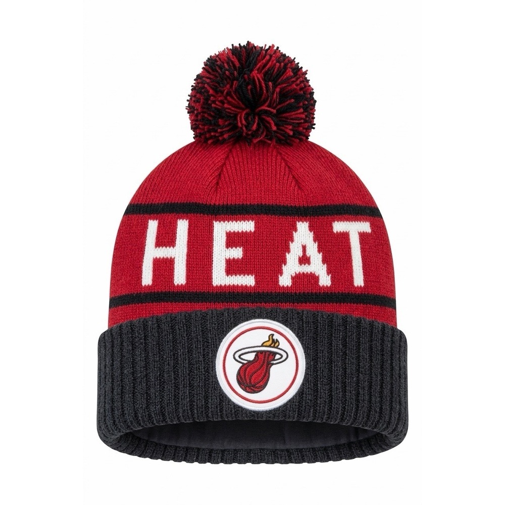 Mitchell‎ & Ness Miami Heat NBA Cuffed Knit Beanie Pom Hat Red Black KJ58Z OSFA